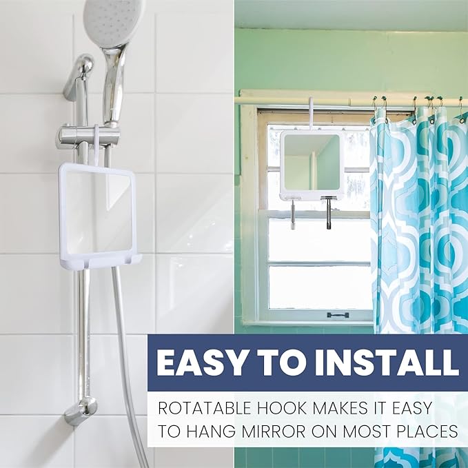 MIRRORVANA Dual Anti Fog Shower Mirror for Shaving, Shatterproof Fogless Design with Hook for Hanging - Fill Back Chamber/Reservoir with Hot Water for Fog-Free Shave - 8" x 7" (White)