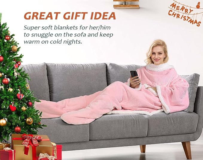 Catalonia Sherpa Wearable Blanket with Sleeves & Foot Pockets for Adult Women Men, Comfy Snuggly Wrap Sleeved Throw Blanket Robe, Gift Idea, Pink