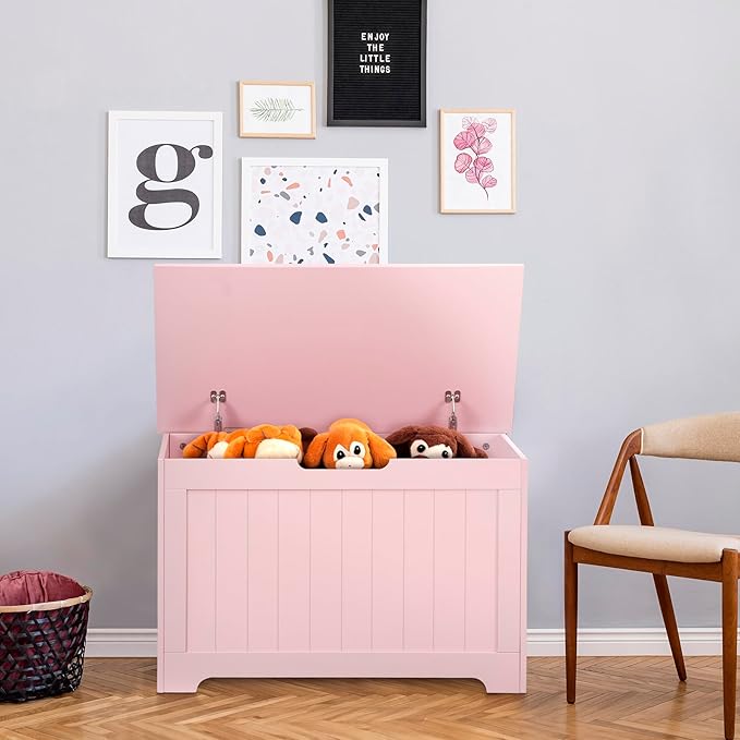 Wooden Storage Chest Box with Flip-top Lid & Safety Hinge, Living Room Organizer, Bedroom Bench with 100L Storing Area, Pink