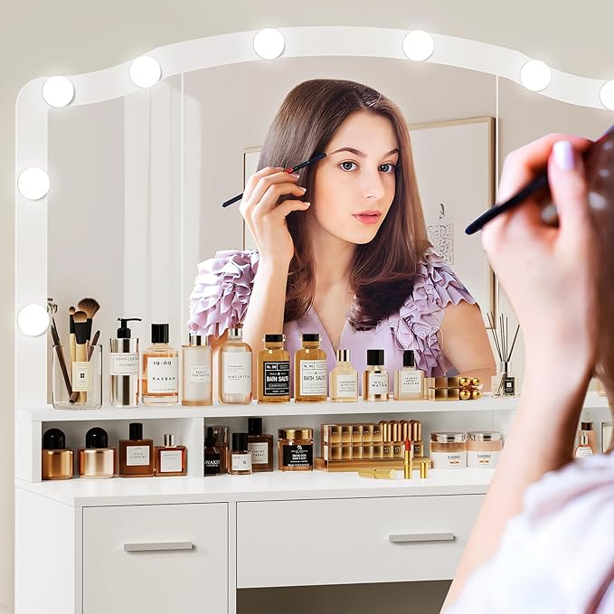 usikey 43.3” Vanity Desk with Large Mirror and Lights, Makeup Vanity with 3 Lighting Color Adjustable, Dressing Table Set with Storage Cabinet, Drawers and Chair for Girls Bedroom, White