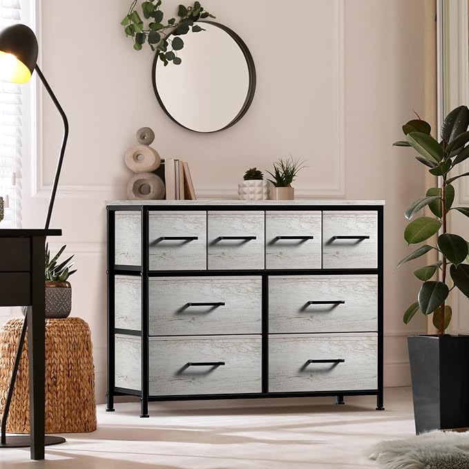 Sorbus Dresser with 8 Faux Wood Drawers - Chest Organizer Unit with Steel Frame Wood Top & Handle Easy Pull Fabric Bins for Clothes - Large Storage Furniture for Bedroom Hallway, Living Room & Closet