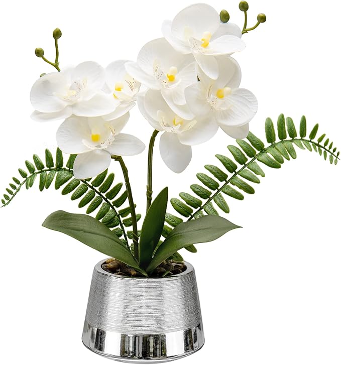 White Orchids Artificial Flowers in Silver Pot Faux Phaleanopsis Orchid Bonsia Fake Orchid Centerpiece for Dining Room Table