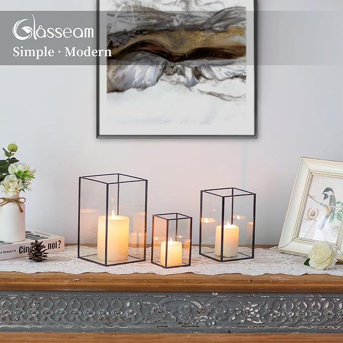 Glasseam Hurricane Glass Candle Holder, Black Candle Holders Set of 3, Square Metal Modern Candle Holder, Modern Large Candle Holders for Table Centerpiece Wedding Christmas Decorative