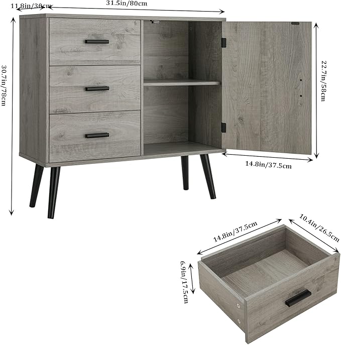 Iwell Storage Cabinet with 3 Drawers & Adjustable Shelf, Sideboard Buffet Cabinet, Small Freestanding Floor Storage Unit, for Living Room, Home Office, Rustic Grey