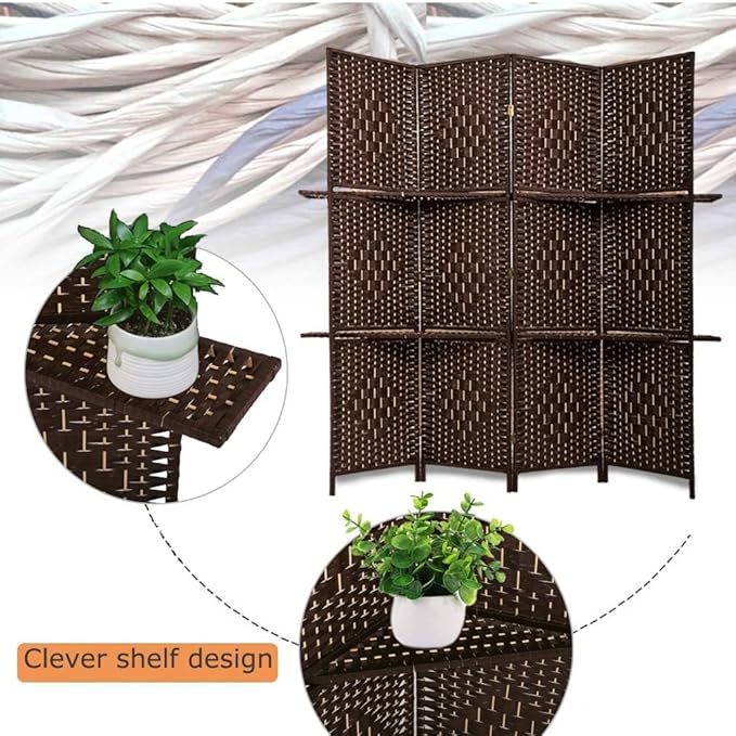 FDW Room Divider 4 Panel Room Screen Divider Wooden Screen Folding Portable Partition Screens Wood with Removable Storage Shelves Color,Brown