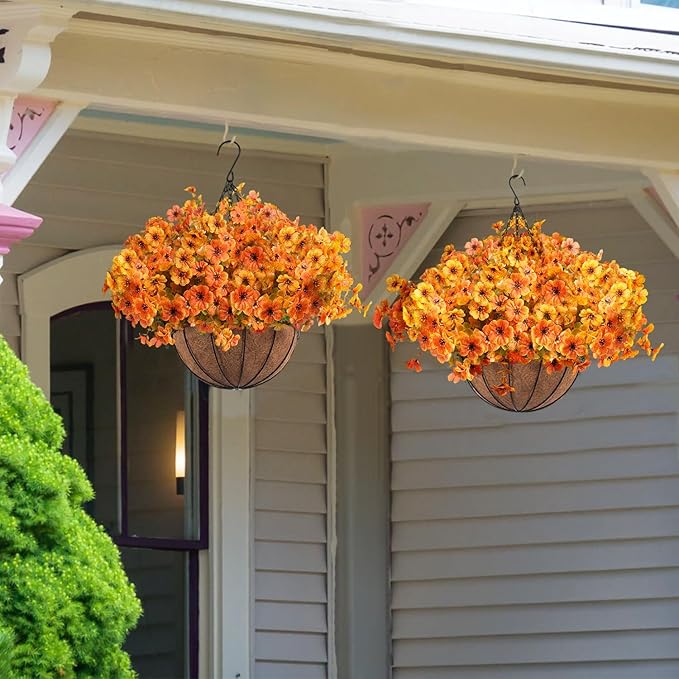 Orgrimmar 2 Pack Artificial Fall Mums Hanging Basket - UV Resistant Fake Hanging Plants with Realistic Silk Mums & Eucalyptus, Coconut Lining Baskets for Home Porch Balcony Patio Yard (Orange)