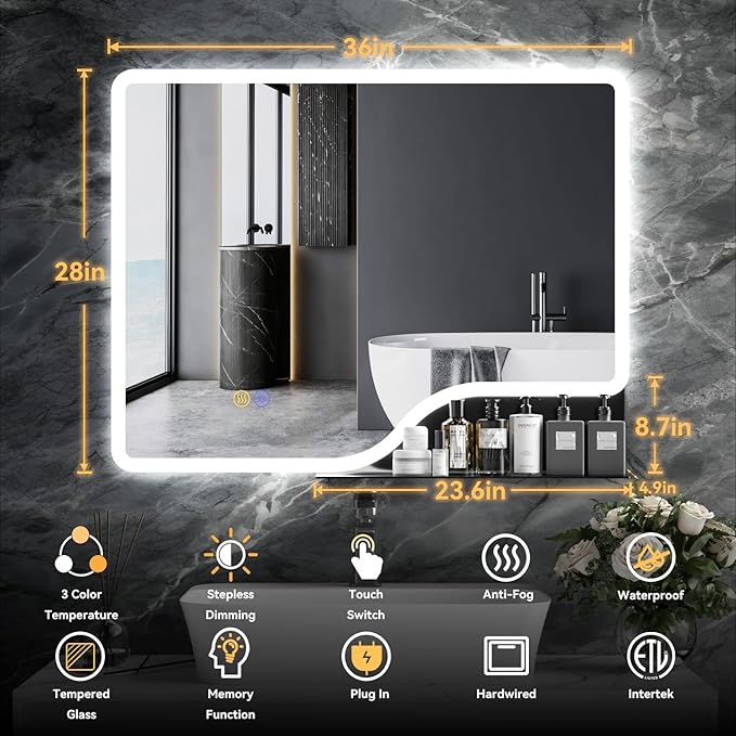 36"x 28" LED Bathroom Mirror with Shelf, Wall-Mounted Backlit Vanity Mirror with Lights, Smart Bathroom Mirror with 3 Colors, Anti-Fog, Stepless Dimmable, Memory (UL, ETL)
