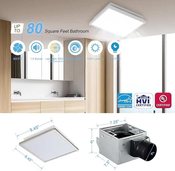 Tech Drive Modern Nickel Bathroom Exhaust Fan with Light, 80CFM, 1000lm Dimmable 5CCT LED Light Selectable, Quiet Ventilation fan with night light,Energy Star Certified,Decorative Nickel Trim