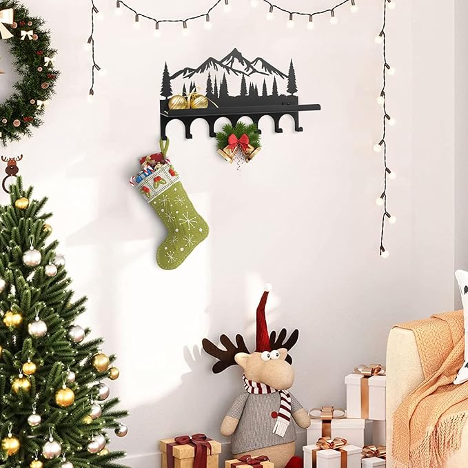 Wall Mounted Mountain Key & Mail Holder with Shelf | Metal Key Organizer with 2 in 1 Key Hooks for Entryway, Hallway, Office