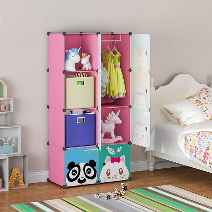 MAGINELS Children Wardrobe Closet,Baby Girl and Kids Closet with Door, Cute Protable Cube Storage Clothes,Dresser for Bedroom,Pink,8 Cube(14x14inch)