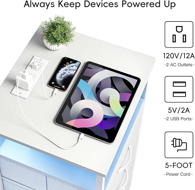 Fixwal White Nightstand with Charging Station, LED Night Stand with 3 Fabric Drawers and Open Shelf, Bedside End Table in Living Room