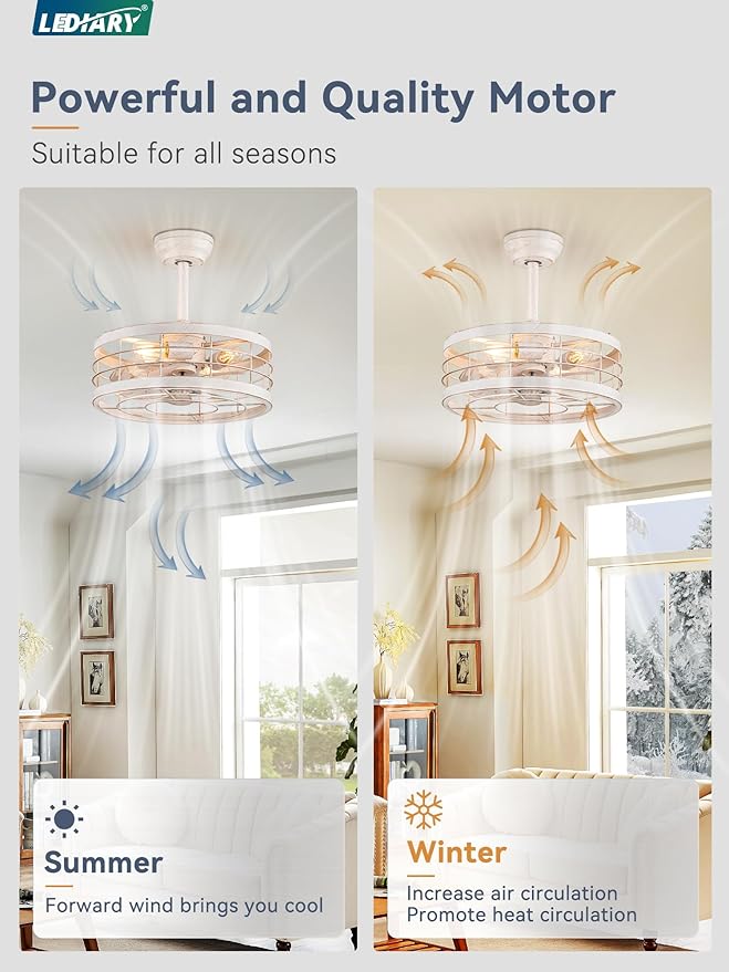 LEDIARY 16.5in Caged Ceiling Fan with Light, Fandelier Industrial Ceiling Fan with Remote, Rustic Metal Fan Lights Ceiling Fixtures for Kitchen, Farmhouse, Bedroom（6 Speed, Timing）-White and Gold