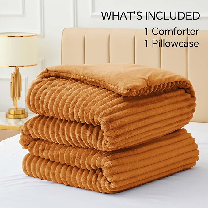BEDELITE Fleece Twin Comforter Set -Super Soft & Warm Fluffy Rust Orange Bedding, Luxury Fuzzy Heavy Bed Set for Winter with 1 Pillow case