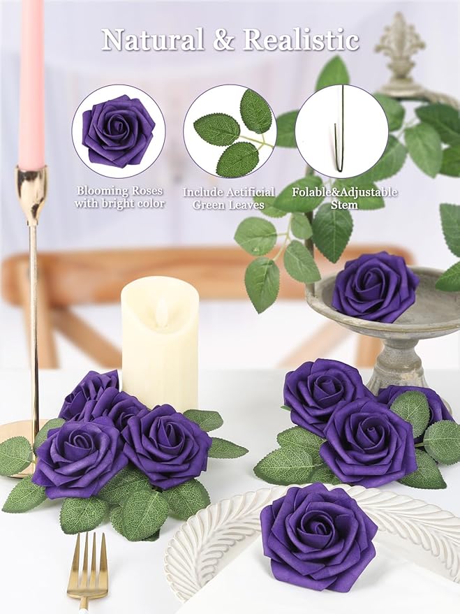 MACTING Dusty Purple Artificial Flower Roses 60PCS Real Touch Fake Flowers with Stem Foam Rose for DIY Wedding Bouquet Table Centerpieces Craft Party Holiday Home Mothers Day Decorations