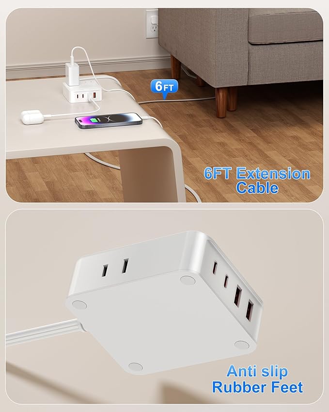 Power Strip Flat Plug with 4 AC Outlets 4 USB Ports (20W), Surge Protector Charging Station with Overload Protection, 6Ft Flat Plug Extension Cord, Fast Charging for Office Dorm Room (White)