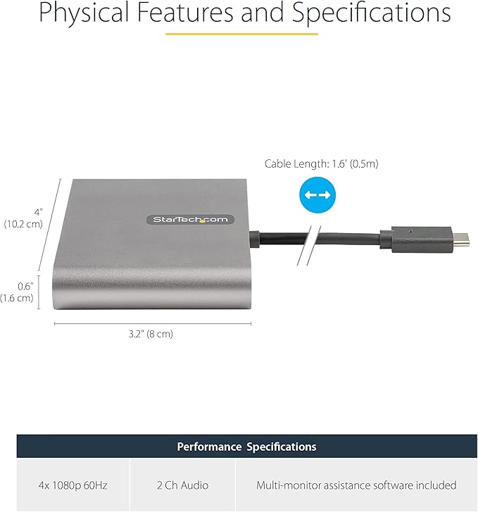 StarTech USB-C to Quad HDMI Adapter, USB Type-C to 4 HDMI Monitor Converter, 4x 1080p 60Hz, External Video Graphics Card, Windows Only, TAA, for Laptops/Desktops, Bus Powered, 50cm Cable
