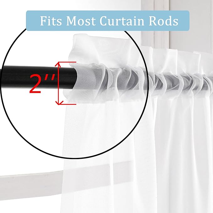 OWENIE White Sheer Curtains for Kitchen Valance Set of 2, Small Short Modern Rod Pocket Voile Valance Curtain Window Treatment Decor for Living Room Bathroom Cafe Laundry Basement, 42" W x 14" L