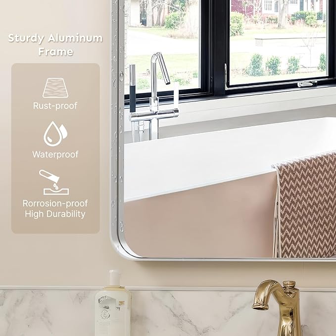 30x20"Bathroom Vanity Mirror for Wall, Aluminum Framed, Farmhouse Rectangle, Anti-Rust, HD Reflection Anti-Desilvering, Distortion Free, Tempered and Shatter-Proof Wall Mounted Mirror, Silver