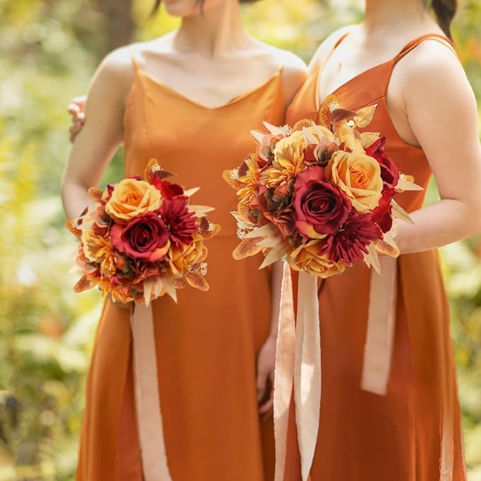 Artificial Fall Flowers Bouquet for Decoration, Fall Fake Silk Flower Arrangements Faux Autumn Flowers Fall Decorations for Home Indoor Office Wedding Bride Bouquets Tables Centerpieces Fall Decor