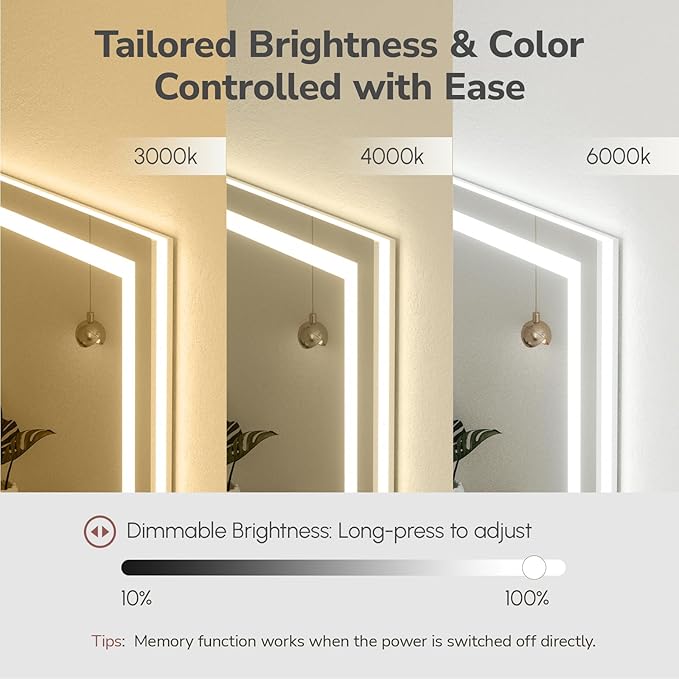 USHOWER LED Bathroom Mirror 60x36 Inch with Lights - Frameless Tempered Glass LED Backlit Lighted Mirror for Bathroom Vanity with Anti-Fog, 3 Colors Dimmable, Memory Function, Wall-Mounted