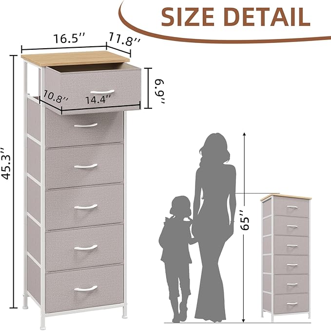 Somdot Tall Dresser for Bedroom with 6 Drawers, Storage Organizer Chest of Drawers with Removable Fabric Bins for Closet Bedside Living Room Laundry Entryway Hallway, Ash Grey