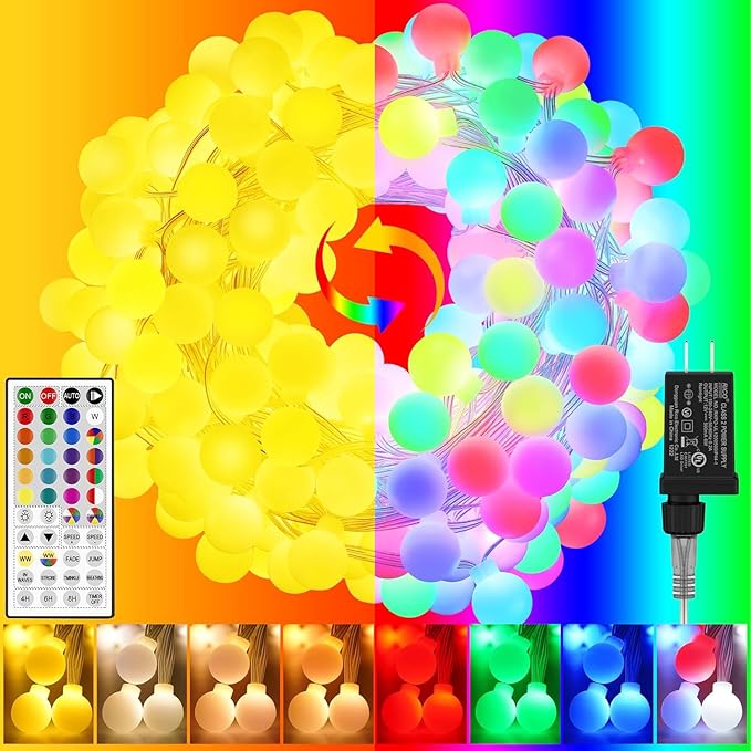 OMIKA Color Changing String Lights Plug in, 25 Colors 33FT 100LED RGB+Warm White Globe String Lights, Outdoor Christmas Globe Decorative Lights with Remote for Indoor Bedroom Party Garden Xmas Decor