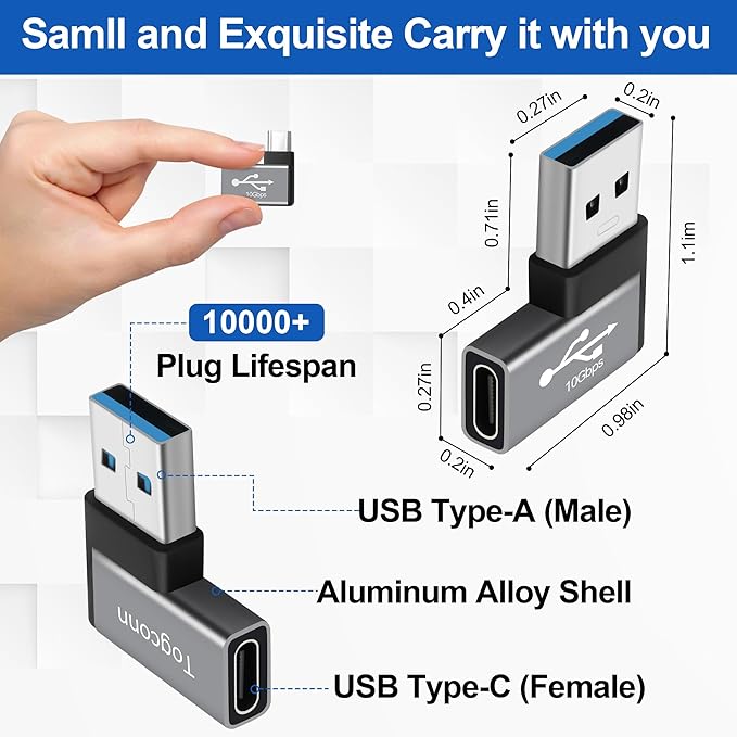 90 Degree USB to USB C Adapter 10Gbps, 2-Pack Right Angle Type-C (Female) to USB-A (Male) Converter Extender Support Charge & Data Transfer Compatible with Computers, Tablet, Laptop