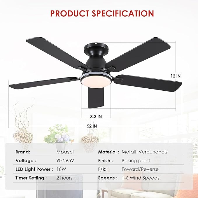 Ceiling Fans with Lights- 52" RGB Low Profile Indoor Ceiling Fan with Light and Remote/APP Control, Flush Mount, LED Dimmable DC Reversible Modern Ceiling Fan for Bedroom（Black）