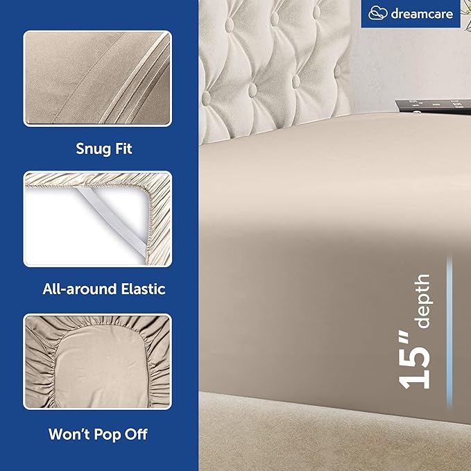 DREAMCARE Queen Size Sheets - Cooling Bed Sheets - 4pcs Set - up to 15" Deep Pocket Queen Sheet Set - Sheets Queen Size Bed - Soft & Long Lasting 100% Fine Microfiber with Side Pocket - Beige