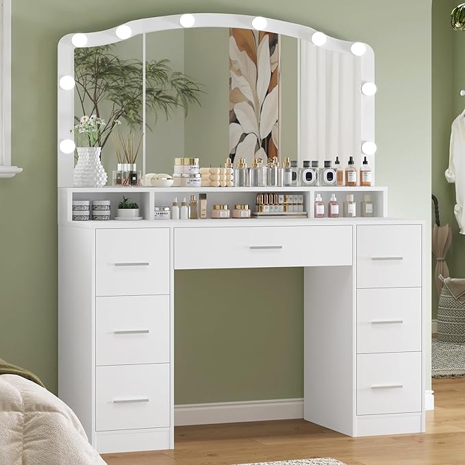 usikey 43.3" Vanity Desk with Large Lighted Mirror, Makeup Vanity Table with 7 Drawers & 10 Lights Bulbs, 3 Lighting Colors, Make Vanity Desk, Vanity Table for Women Girls, White