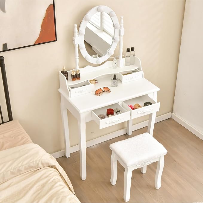 Giantex Makeup Vanity Table with 10 LED Lights, Adjustable Brightness, 3 Color Light Modes, 4 Drawers, Rotatable Mirror, Cushioned Stool, Vanity Desk Dressing Table Bedroom Furniture (White)