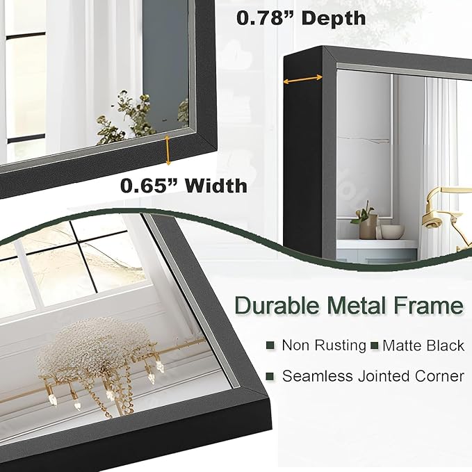Bathroom Mirror 30x36 Inch, Black Frame Mirror 30"x36", Rectangle Wall Mounted Mirror, Metal Framed Vanity Mirror for Wall 30 by 36, Modern Mirror Hangs Horizontal Or Vertical