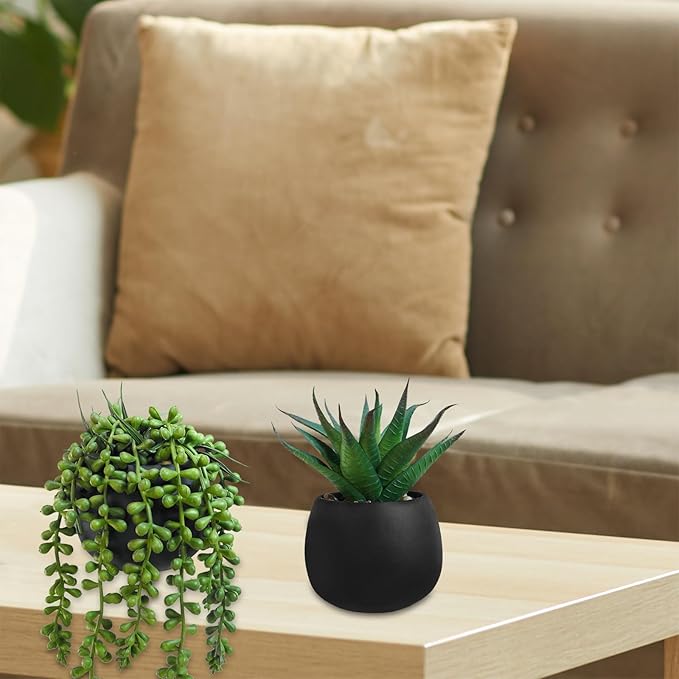 Winlyn Set of 3 Artificial Succulent Plants in Black Concrete Pots Faux Aloe Hops String of Pearls Potted Plants Small Fake Plants Desk Plants for Home Office Desk Kitchen Bathroom Shelf Windowsill