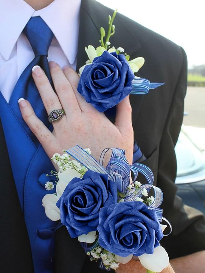 MACTING Artificial Flower Roses 30PCS Real Touch Fake Flowers with Stem Foam Roses for DIY Wedding Bouquets Backdrop Party Bridal Shower Spring Home Mothers Day Decorations(Dark Royal Blue)
