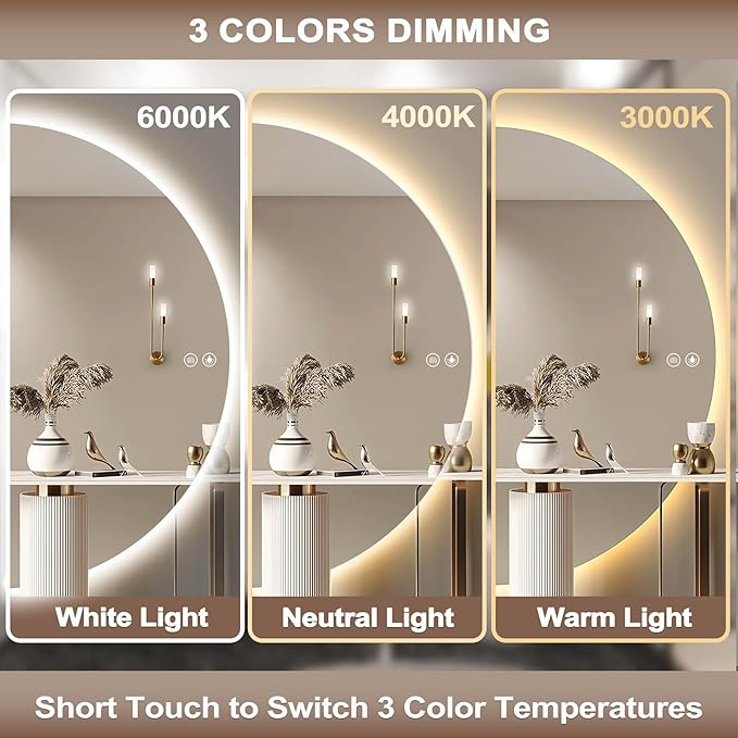 Half Moon Mirrors for Wall, 44"x22" Led Bathroom Mirror with Lights - 3-Color Backlit & Stepless Dimming-Anti-Fog-Modern Vanity Mirror-Shatterproof Glass-Memory