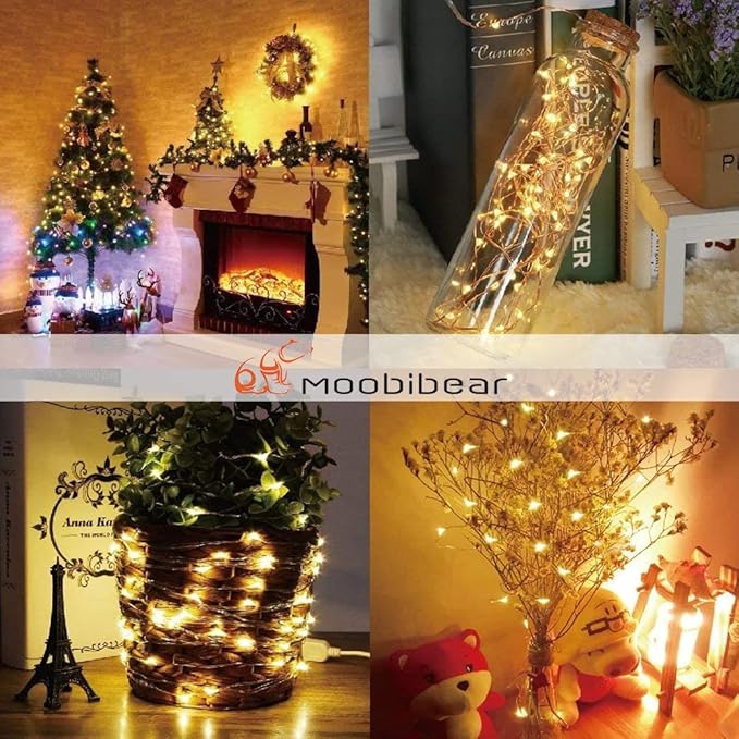 Moobibear Waterproof Fairy String Lights Plug in with 24 Keys Remote, 33ft 100LEDs Warm White Dimmable Starry Copper Wire Light for Indoor & Outdoor Wedding Birthday Valentines Day Decor