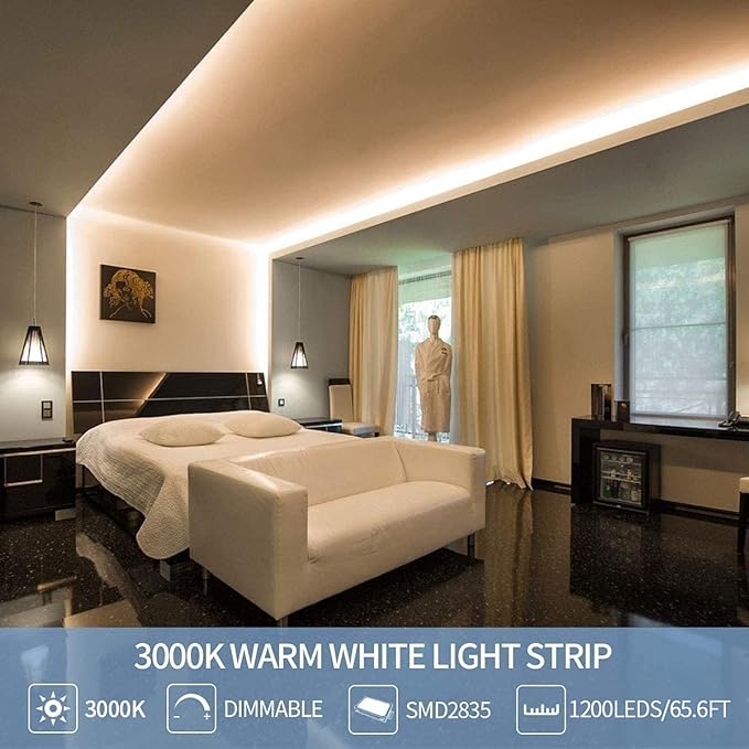 Led Strip Lights 65.6ft Warm White Dimmable Led Light Strip Flexible Rope Lights Kits with 24v Etl Power Supply, Adhesive Clips, Dimmer Switch and Connectors for Indoor Decor