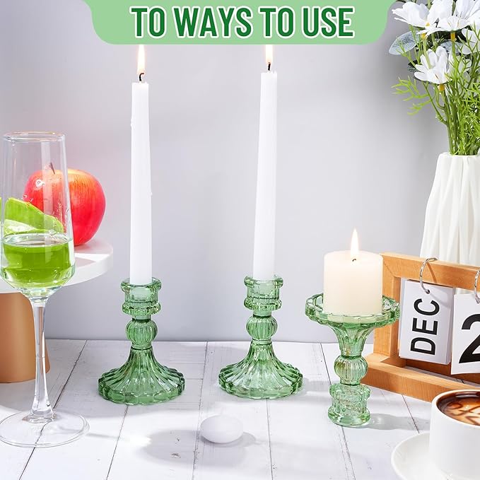 Suclain 24 Pcs Glass Taper Candle Holder Sets 12 Candlestick Holder with 12 White Long Candles for Wedding Party Decor Dinner Decoration(Green)