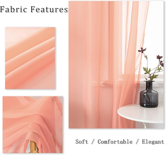 DUALIFE Light Coral Curtains 72 Inches Long for Living Room Set of 2 Panels Grommet Transparent Coral Sheer Curtains for Bedroom Decor Dining Area Decorations 52x72 Inch Length