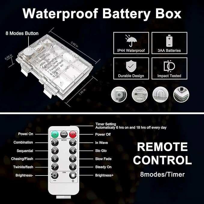 JMEXSUSS 100 LED Blue Battery Operated Rope Lights Outdoor Waterproof, 33ft 8 Modes Battery Christmas Light, Battery Powered String Lights with Remote for Trampoline Camping Canopy Tent Pool Decor
