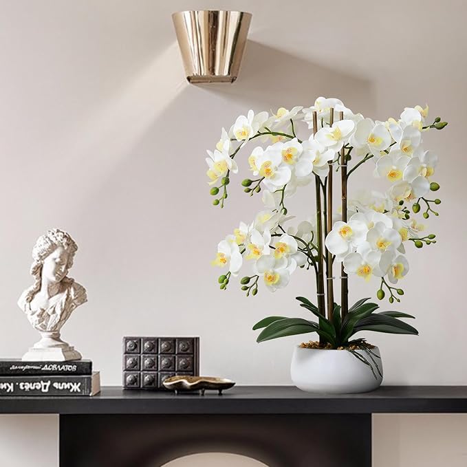 Ziwon Artificial Orchid Flowers & Plants Potted in Ceramic Pot, White Faux Phalaenopsis Orchids for Table Centerpiece, Realistic Fake Flower Arrangement for Home Office Decor Indoor