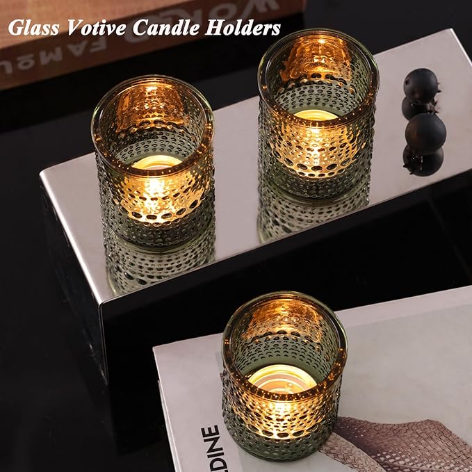 15Pcs Glass Votive Candle Holders, Green Tea Light Candle Holder Vintage Tealight Candle Holder Bulk for Wedding Christmas Party Table Decor (Green)