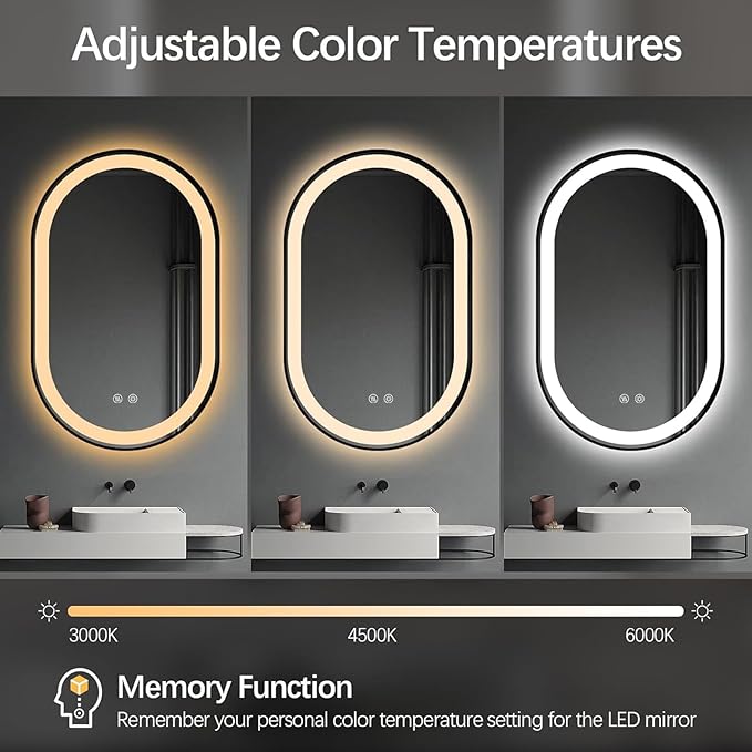 Niccy Oval LED Mirror for Bathroom, 32x20 Front Lit + Backlit Vanity Mirrors with Light Anti-Fog, Shatter-Proof, Makeup Mirror with Black Frame (Horizontal/Vertical)