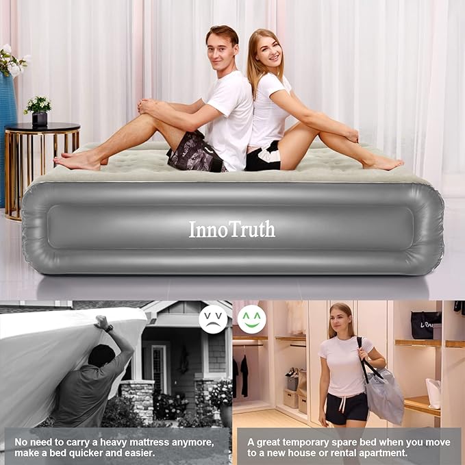InnoTruth Raised Air Mattress with Built-in Pump, Elevated Inflatable Mattress with Carrying Bag for Home and Camping, Queen Size Blow Up Bed, Gray, Queen(80"x60"x18")