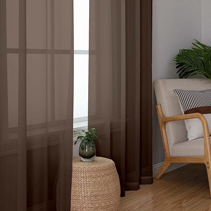 OWENIE Sheer Curtains 72 Inches Long 2 Panels Set, Light Filtering Sheer Curtain Rod Pocket Clear Drapes for Living Room Bedroom Window Sliding Door, Each 42 x 72 Inch, Chocolate