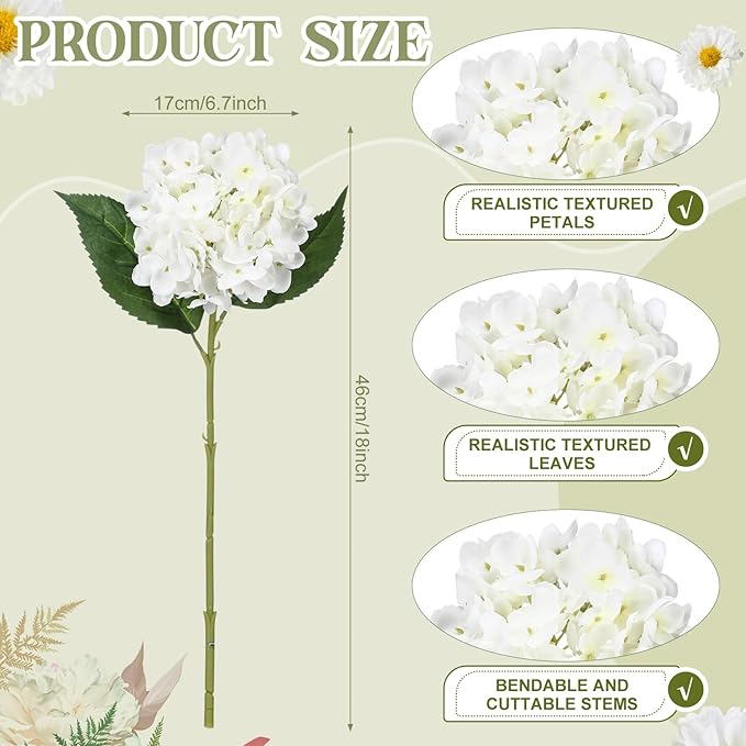 8 Pcs 18 Inch Hydrangea Artificial Flowers Faux Hydrangea Flowers with Stems Fake Bouquet Bulk Realistic Floral for Fall Home Table Christmas Indoor Outdoor Decoration(White)