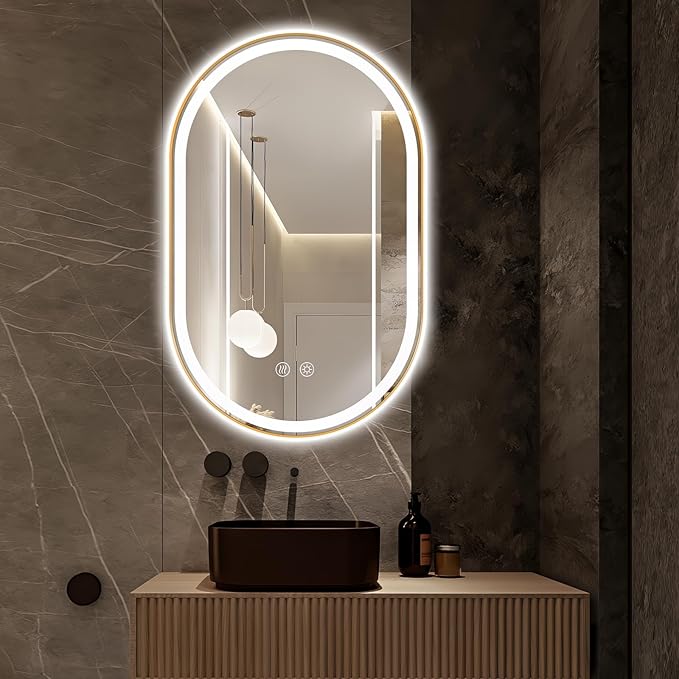 Niccy Oval LED Mirror for Bathroom, 48x30 Front Lit + Backlit Vanity Mirrors with Light Anti-Fog, Shatter-Proof, 3 Colors, Makeup Mirror with Gold Frame (Horizontal/Vertical)