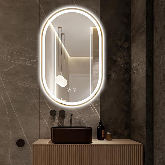 Niccy Oval LED Mirror for Bathroom, 48x30 Front Lit + Backlit Vanity Mirrors with Light Anti-Fog, Shatter-Proof, 3 Colors, Makeup Mirror with Gold Frame (Horizontal/Vertical)