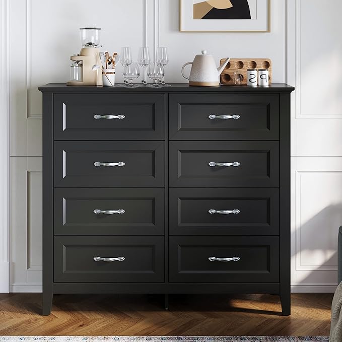 LINSY HOME 8 Drawers Dresser for Bedroom, Black Wood Dresser with Metal Handle, Farmhouse Tall Chest of Drawers with 1 pcs Fabric Divider Organizer, Storage Organizer for Living Room, Closet, Hallway
