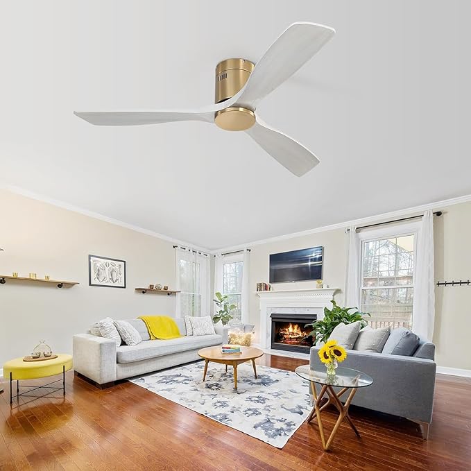 Sofucor 52 Inch Ceiling Fan No Light, Flush Mount Ceiling Fans with Remote, Solid Wood Indoor/Outdoor Ceiling Fans Without Lights, Reversiable DC Motor, Modern Ceiling Fan for Bedroom Farmhouse Patio